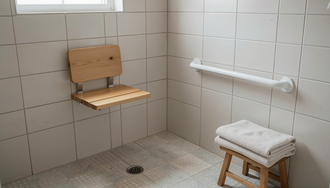 Une douche de plain-pied carrelée avec un siège rabattable en bois clair et une barre d'appui fixée au mur.