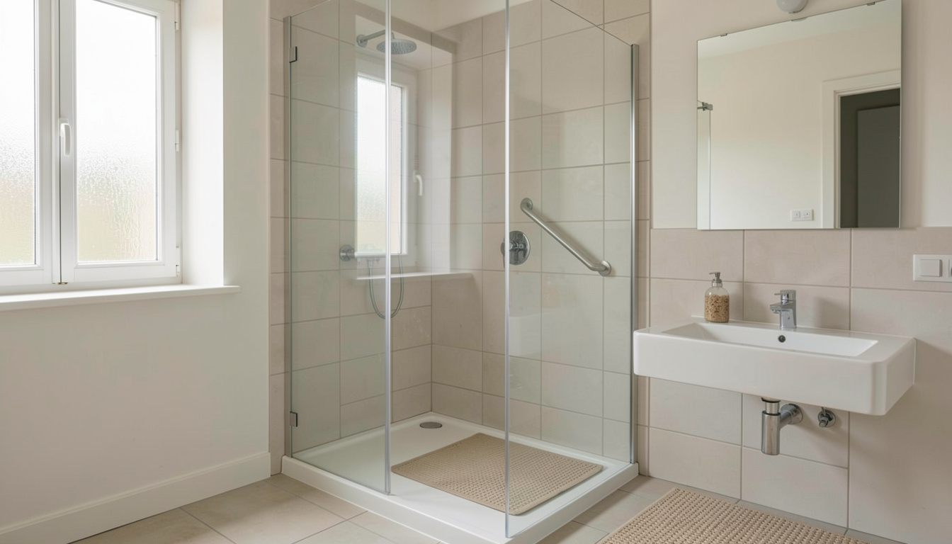 Salle de bain claire avec une douche vitrée, une barre d'appui au mur carrelé, un tapis antidérapant et un lavabo suspendu.