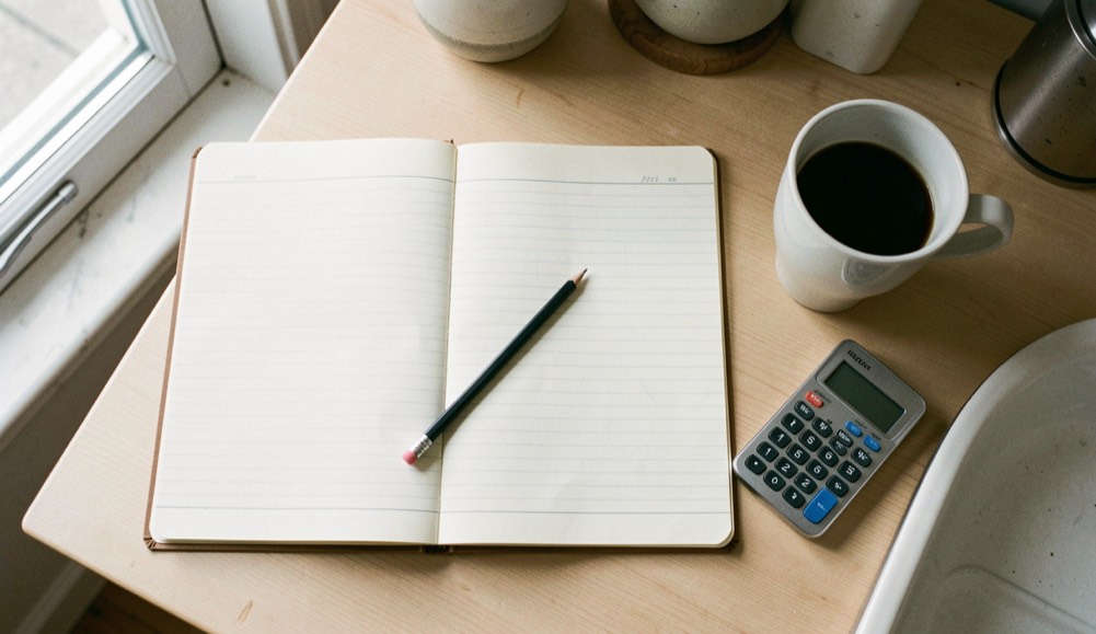 Un cahier à colonnes ouvert sur une table de cuisine, une calculatrice et une tasse de café à côté.