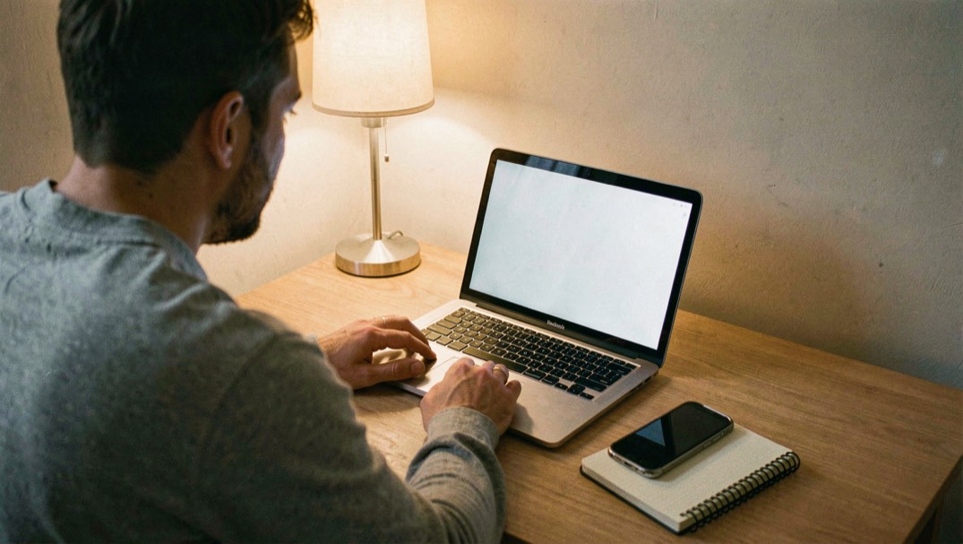 Une personne assise à un bureau devant un ordinateur portable ouvert, un téléphone et un carnet posés à côté.