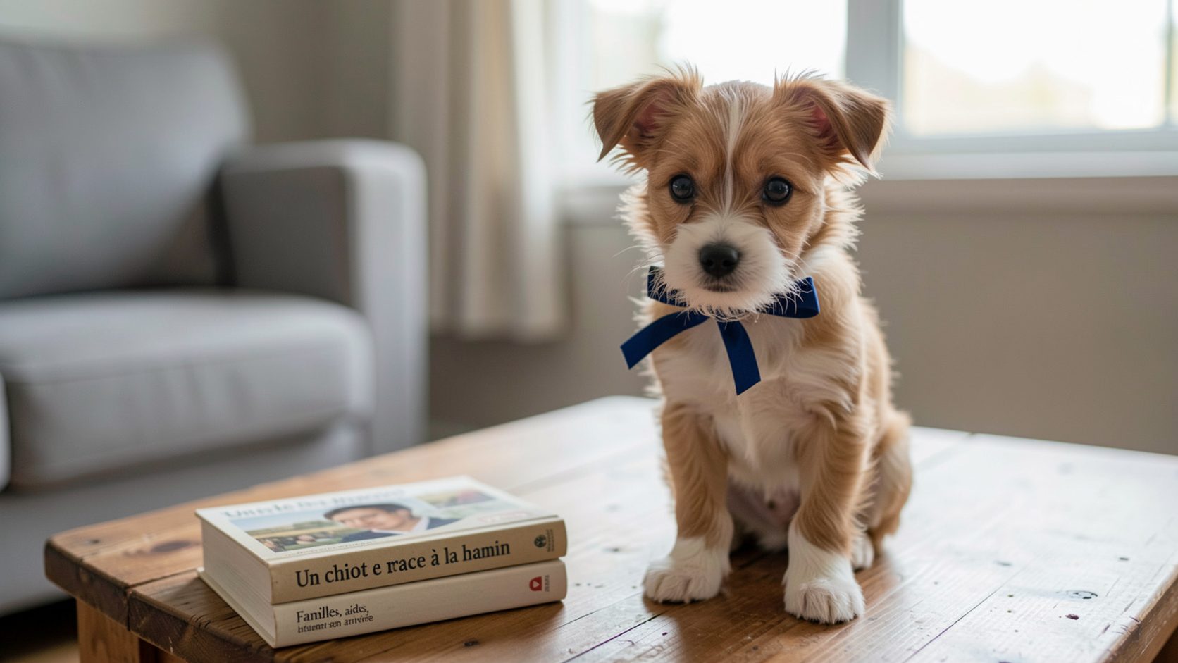 Un panier neuf et des jouets pour chiot disposés sur le parquet d'un salon.