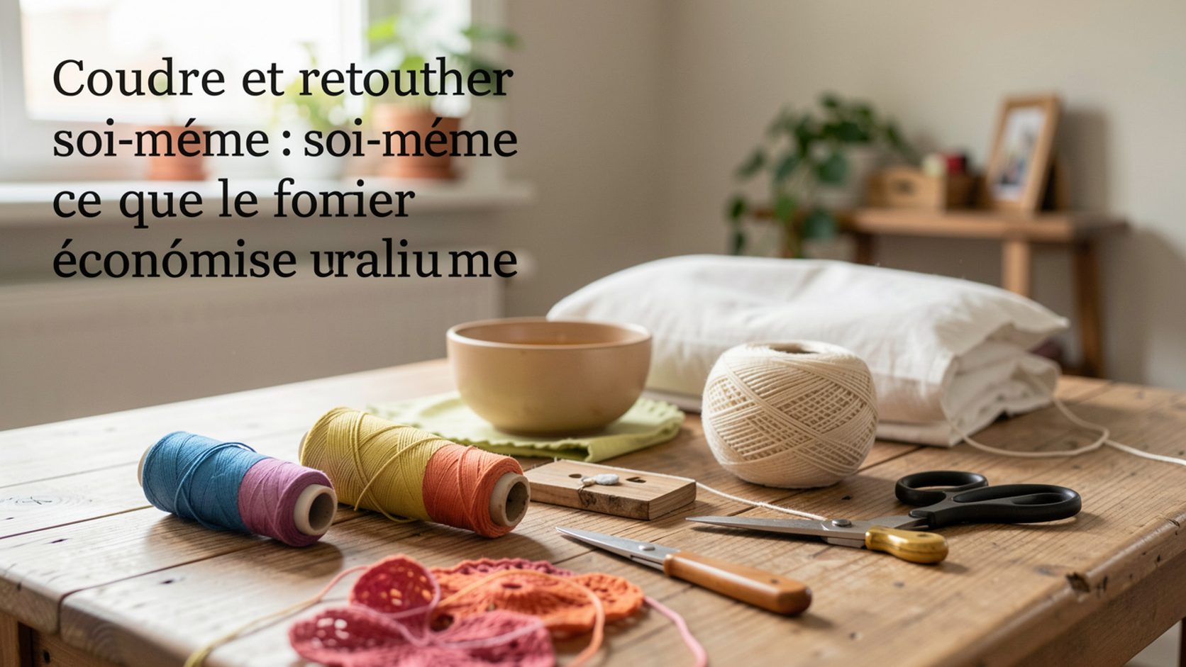 Une machine à coudre installée sur une table de cuisine, avec des fils et un pantalon à ourler.