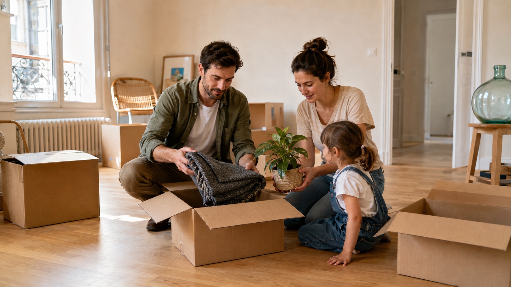 Deux parents et leur enfant déballent des cartons dans un appartement lumineux.