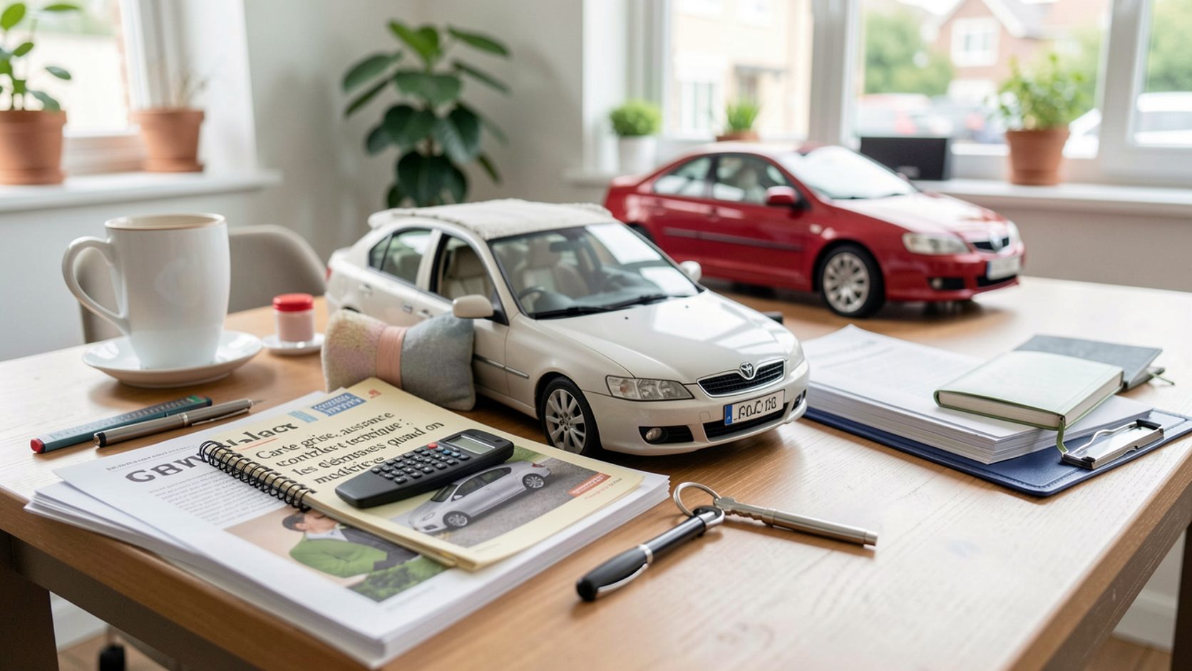 Une carte grise et un certificat posés sur le tableau de bord d'une voiture.