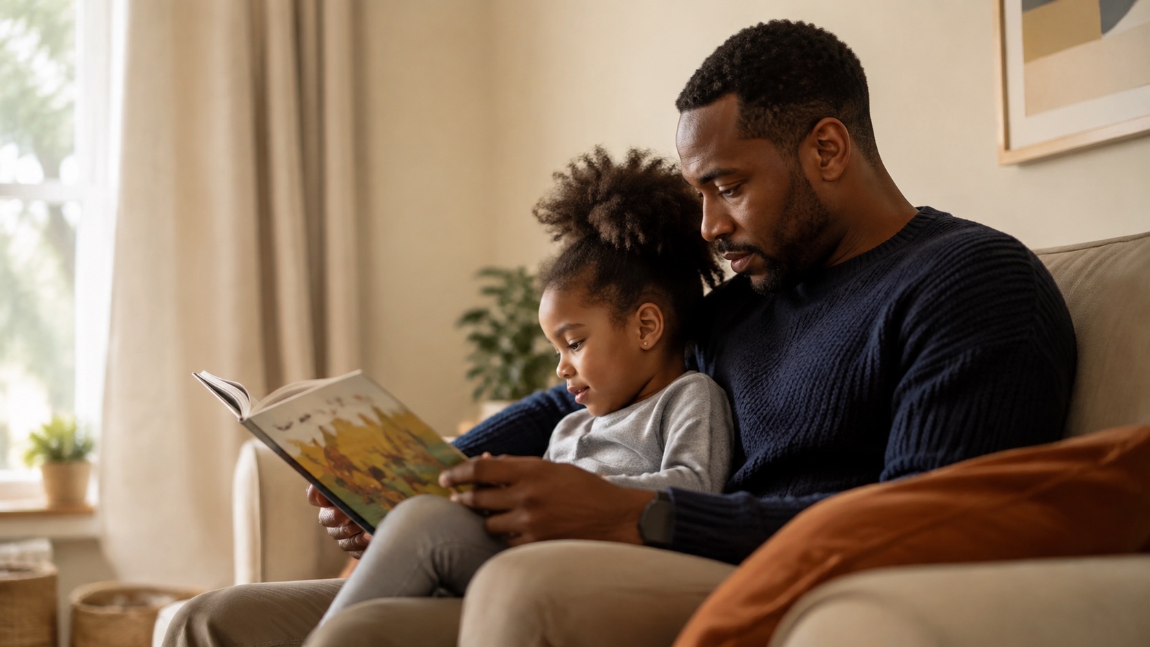 Un père et sa jeune fille regardent ensemble un album illustré sur le canapé.