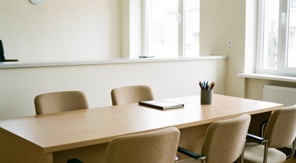 Un espace d’accueil municipal clair, deux chaises devant un bureau vide et un pot de stylos.