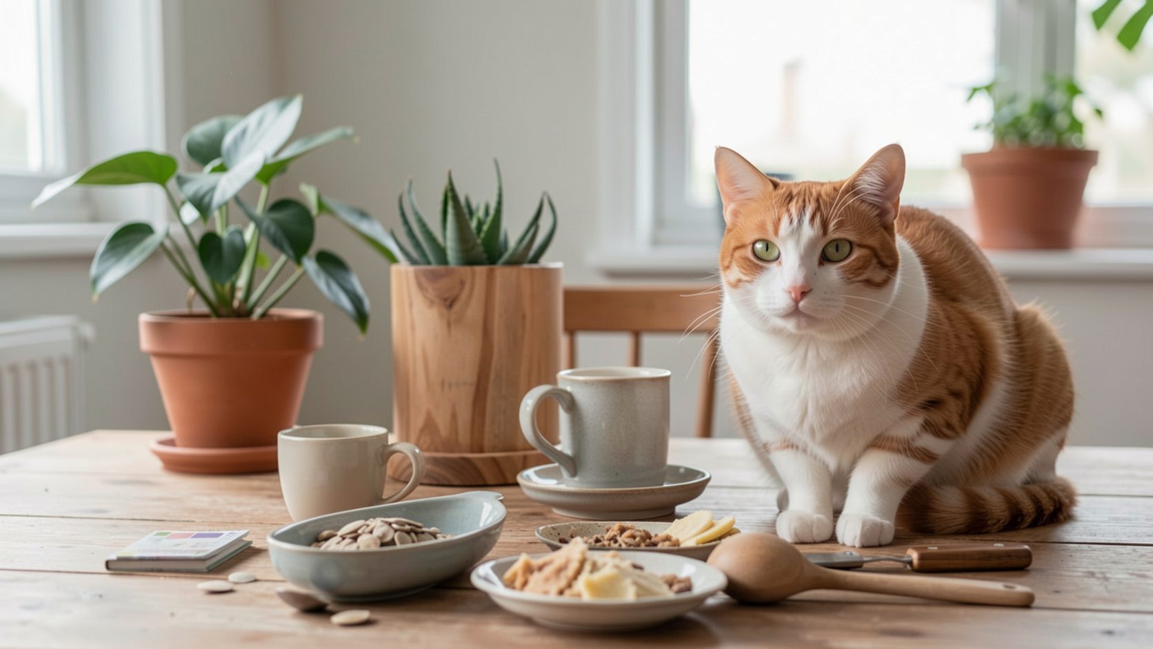 Un chat installé sur le rebord d'une fenêtre d'appartement, un griffoir visible au premier plan.