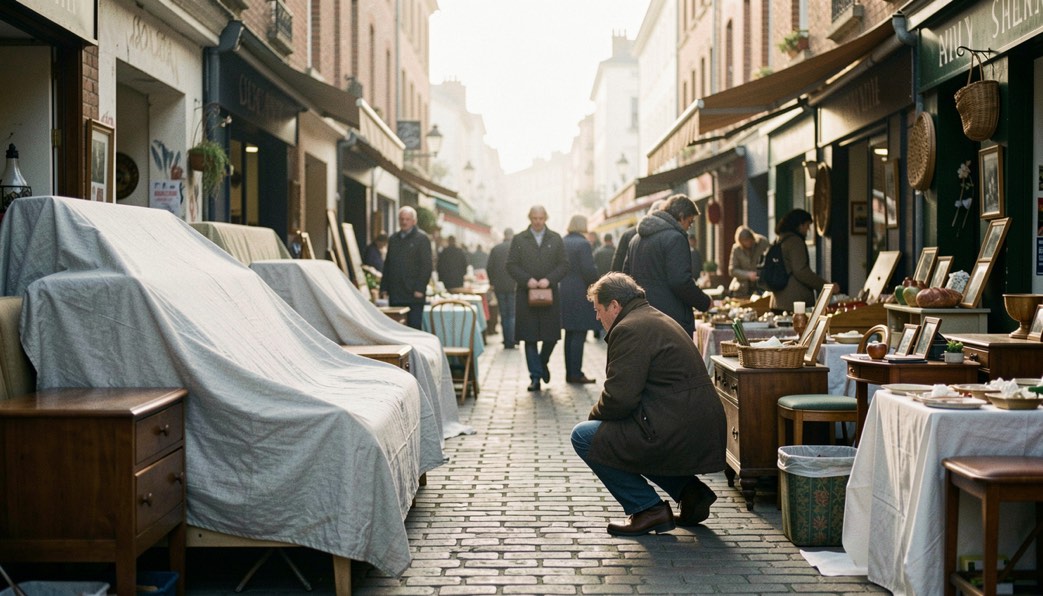 Une allée de marché aux puces au petit matin, des meubles couverts d’une bâche, un acheteur qui s’accroupit.
