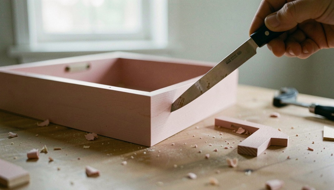 Une facette de commode démontée sur une table, la lame d’un canif soulevant un bord de placage de bois de rose.