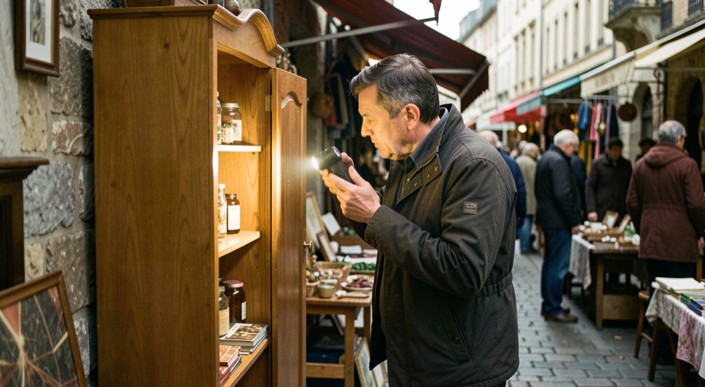 Un brocanteur qui éclaire l’intérieur d’une armoire avec une lampe de poche, dans une allée de marché aux puces.