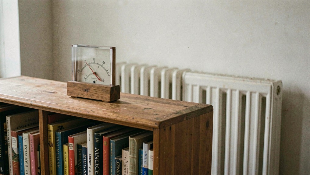 Un hygromètre posé sur le haut d’une bibliothèque, ses aiguilles visibles, un radiateur coupé au mur derrière.