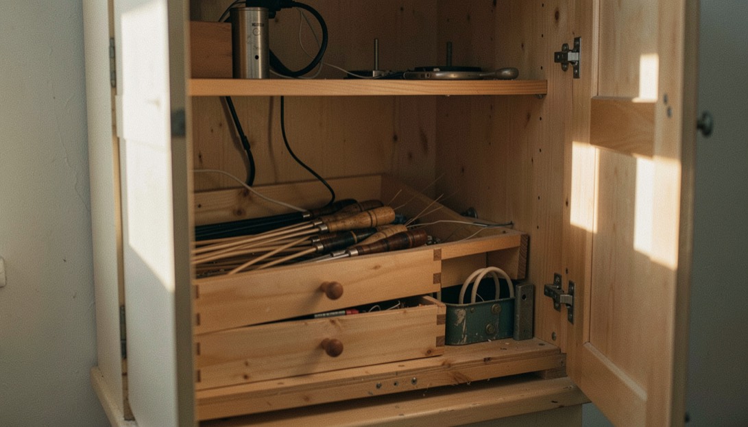 L’intérieur d’une armoire ouverte où se lisent des assemblages à queues, la lumière rasante du matin.