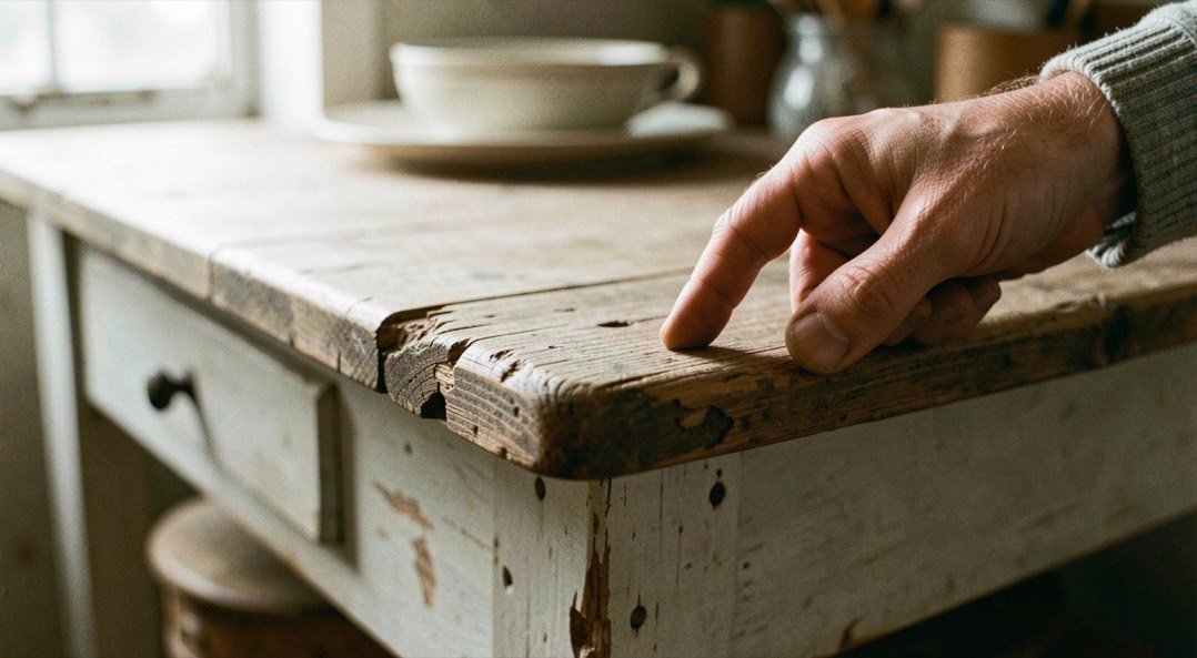 Le coin d’une table de ferme rongé par le temps, une main qui le mesure du pouce, établi flou en arrière-plan.